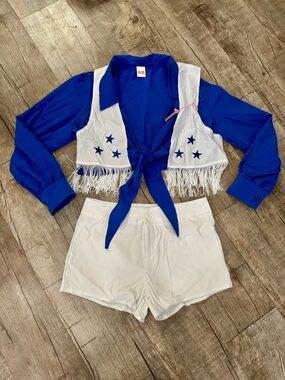 NWT Dallas Cowboy Cheerleader Costume XL 3pc Set White Blue Fringe Outfit